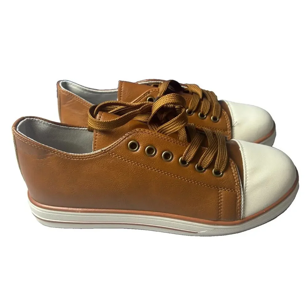 Women’s Brown Cream Cap Toe Lace-Up Fashion Sneakers EU 40 US 9